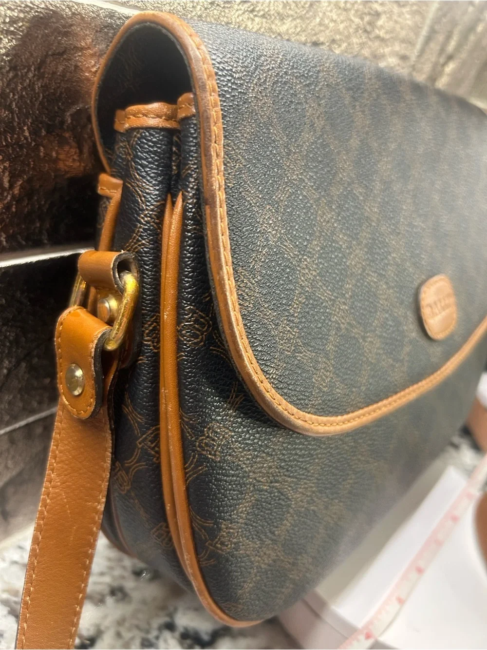 BALLY Brown and Tan leather Monogram Crossbody Bag Flap EUC
